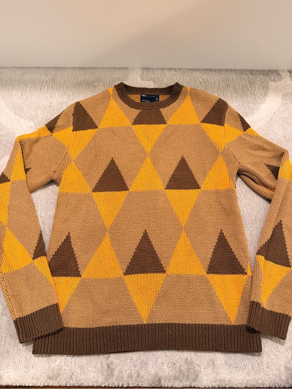 ASOS Men's Geometric Crewneck Sweater in Yellow, Brown, Tan